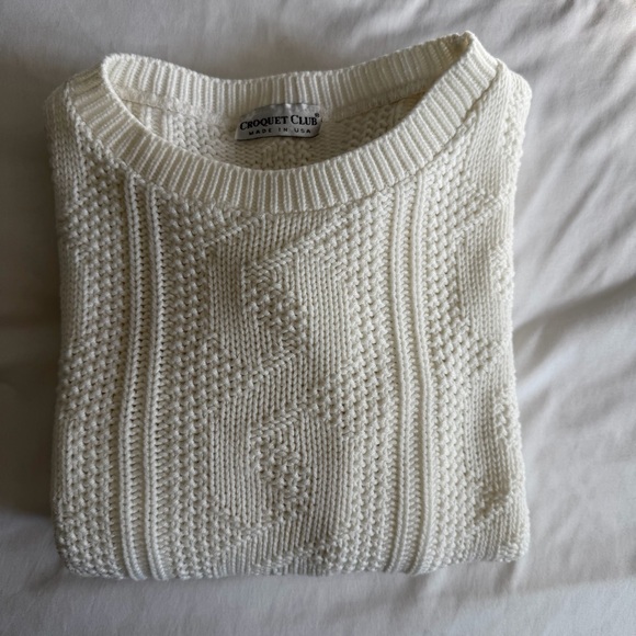 Croquet Club Sweaters - Vintage 80s Croquet Club Creamy White Cable Knit Long Sleeve Crew Neck Sweater